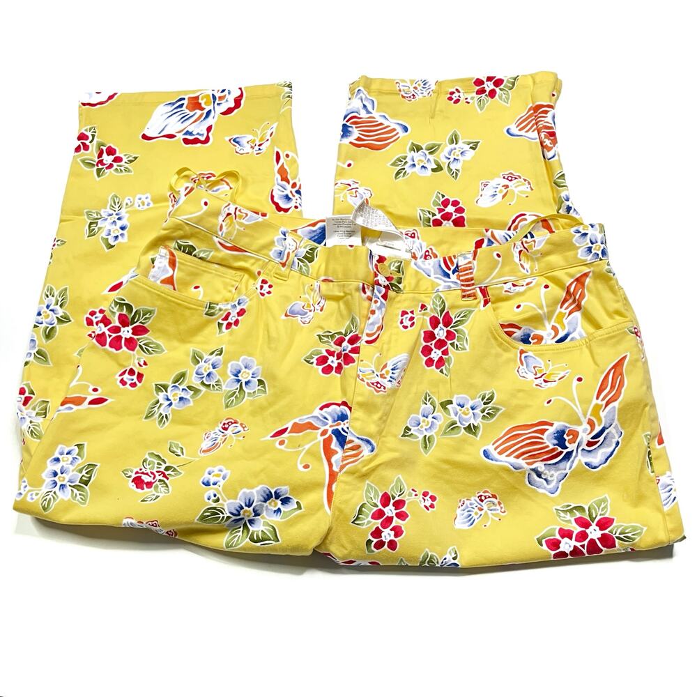 Jones New York Sport Yellow Floral Stretch Capri Pants Cotton Womens 16
